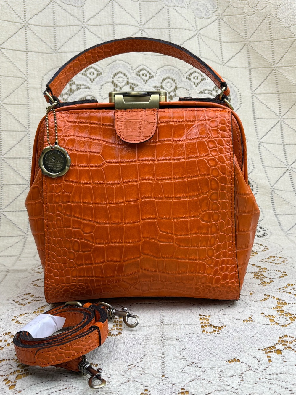 Patricia Nash 10th Ann. Croc Embossed Leather Crossbody Frame Bag Orange
